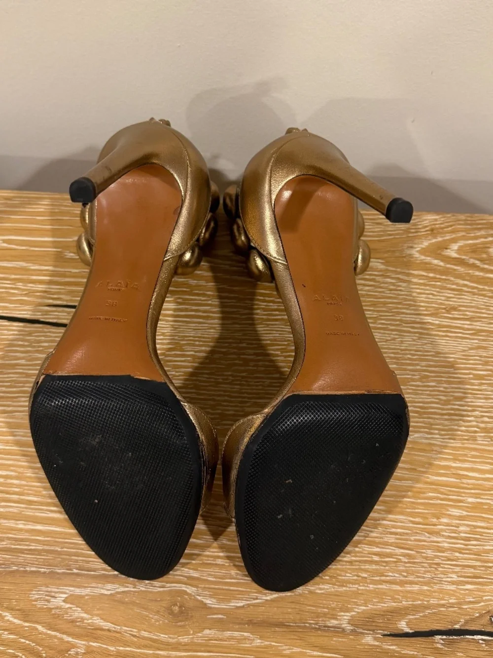 Alaia Sandals Metallic Bronze Leather Bombe Ankle Strap Size 38